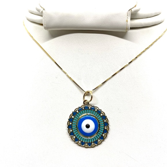 10K Gold Evil Eye Box Chain Necklace - Picture 1 of 11